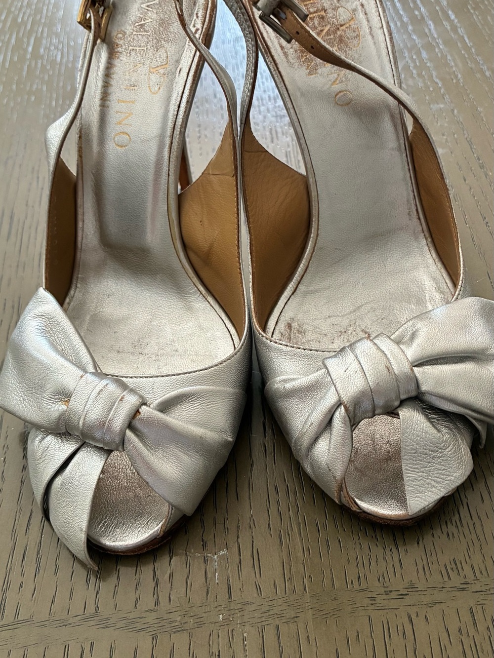 Valentino Garavani Silver Peep-Toe Knot Slingback Heels